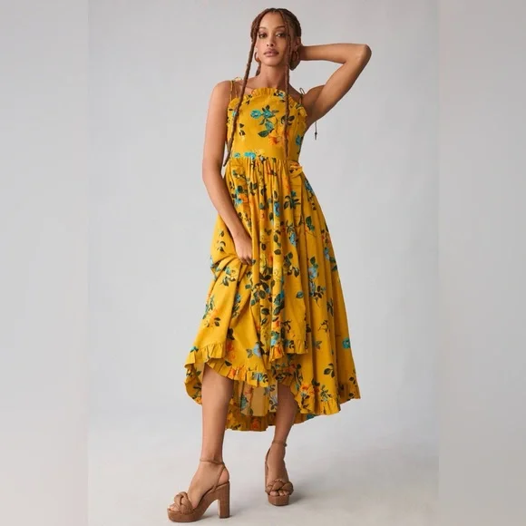 Anthropologie Maeve Maxi Dress High-Low Pleated Boho Yellow Floral Sz 14 - Picture 1 of 9